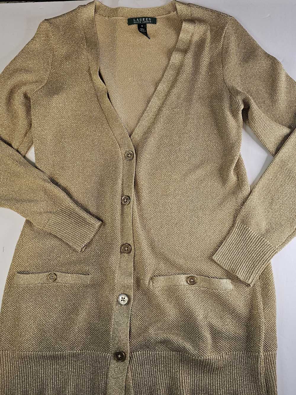 NWOT Lauren Ralph Lauren Gold Metallic Cardigan Button Up Front Pocket Luxury
